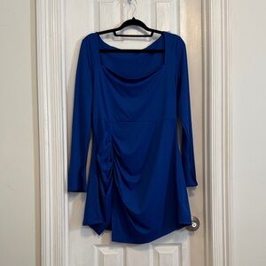 Blue Long Sleeve Mini Dress with Cowl Neck